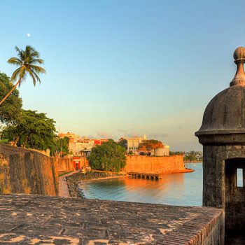 Beautiful summer afternoon at the outer wall with sentry box of fort San Felipe del Morro in old San Juan in Puerto Rico